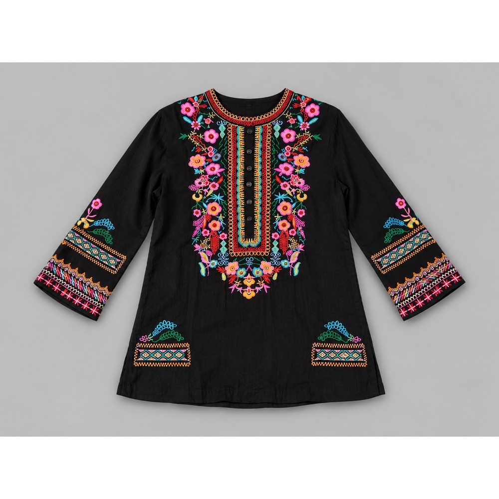 Two Feet Womens Large Black Crepe Rayon Embroidered Boho Tunic Top Floral